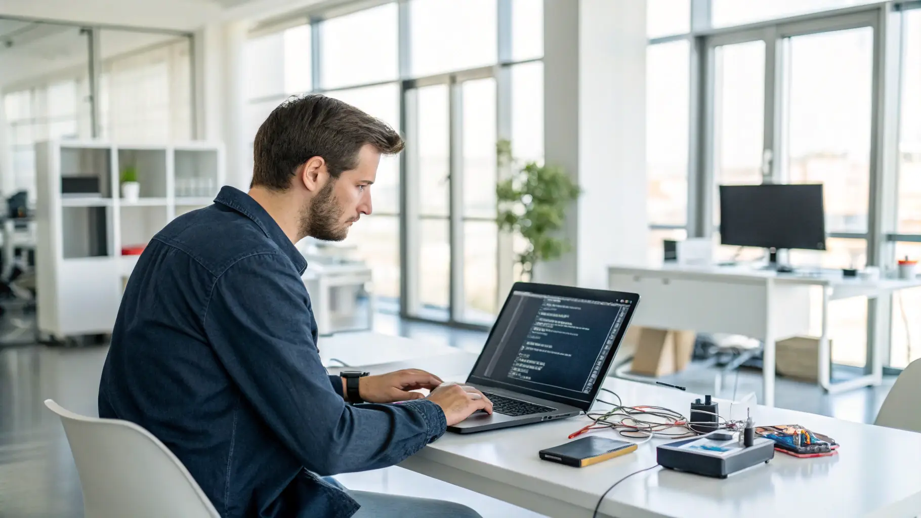Developer with laptop and coffee